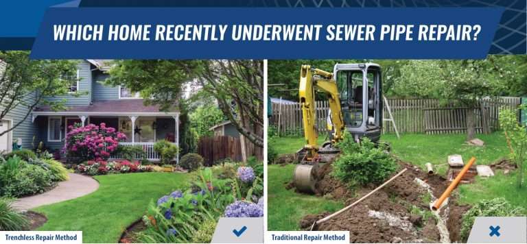 Trenchless vs traditional trench broken sewer pipe repair.