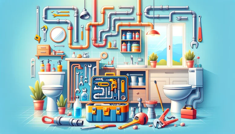 Showcasing a toolbox, wrench, and plunger with home plumbing backdrop, emphasizing easy homeowner plumbing solutions.