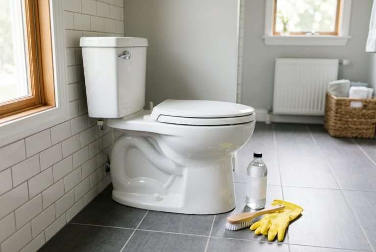 Clean white toilet with vinegar and cleaning supplies for siphon jet maintenance