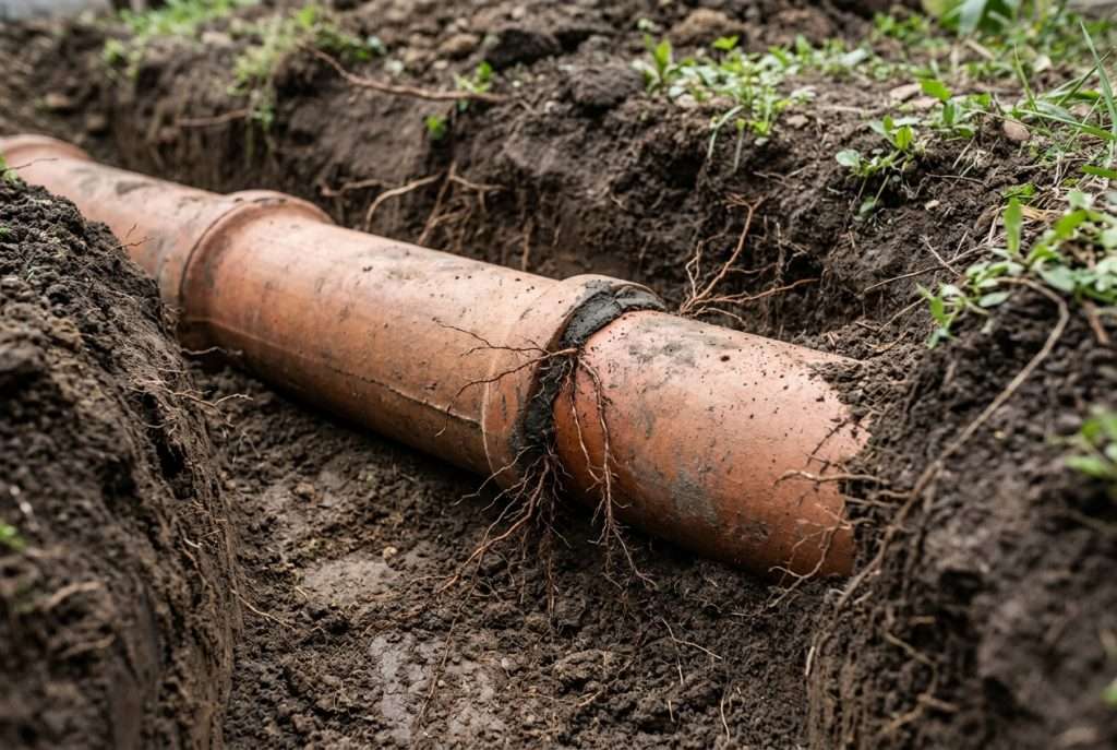 Tree roots growing into a clay sewer pipe joint in an excavated trench
