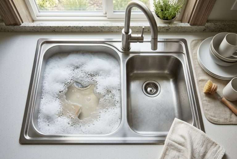 Kitchen sink with soapy water and dish soap bubbles