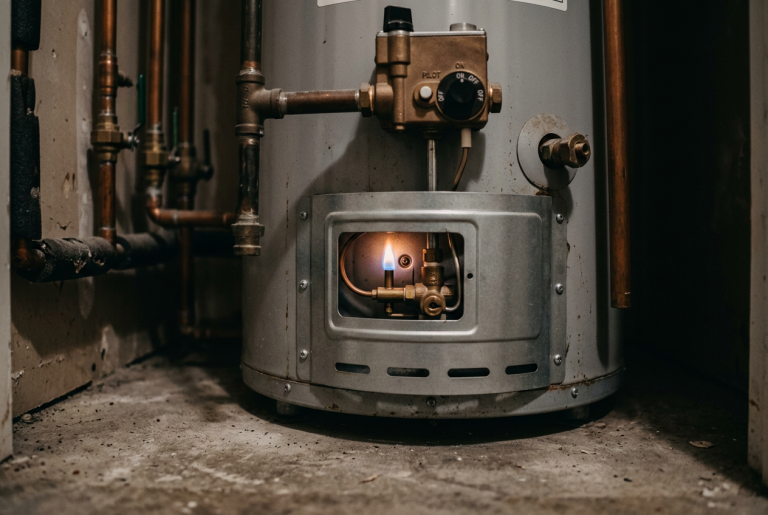 Gas water heater pilot light assembly with small blue flame near thermocouple in a residential utility closet