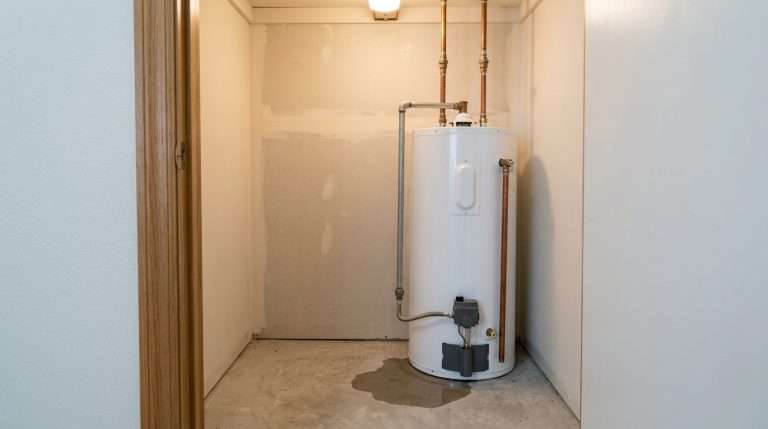 Water heater leaking from the bottom with water pooling on floor