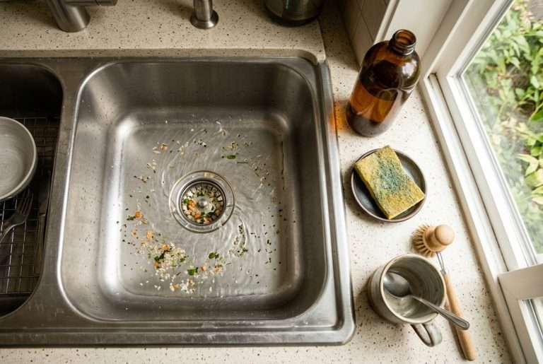 Kitchen sink with water pooling and draining slowly