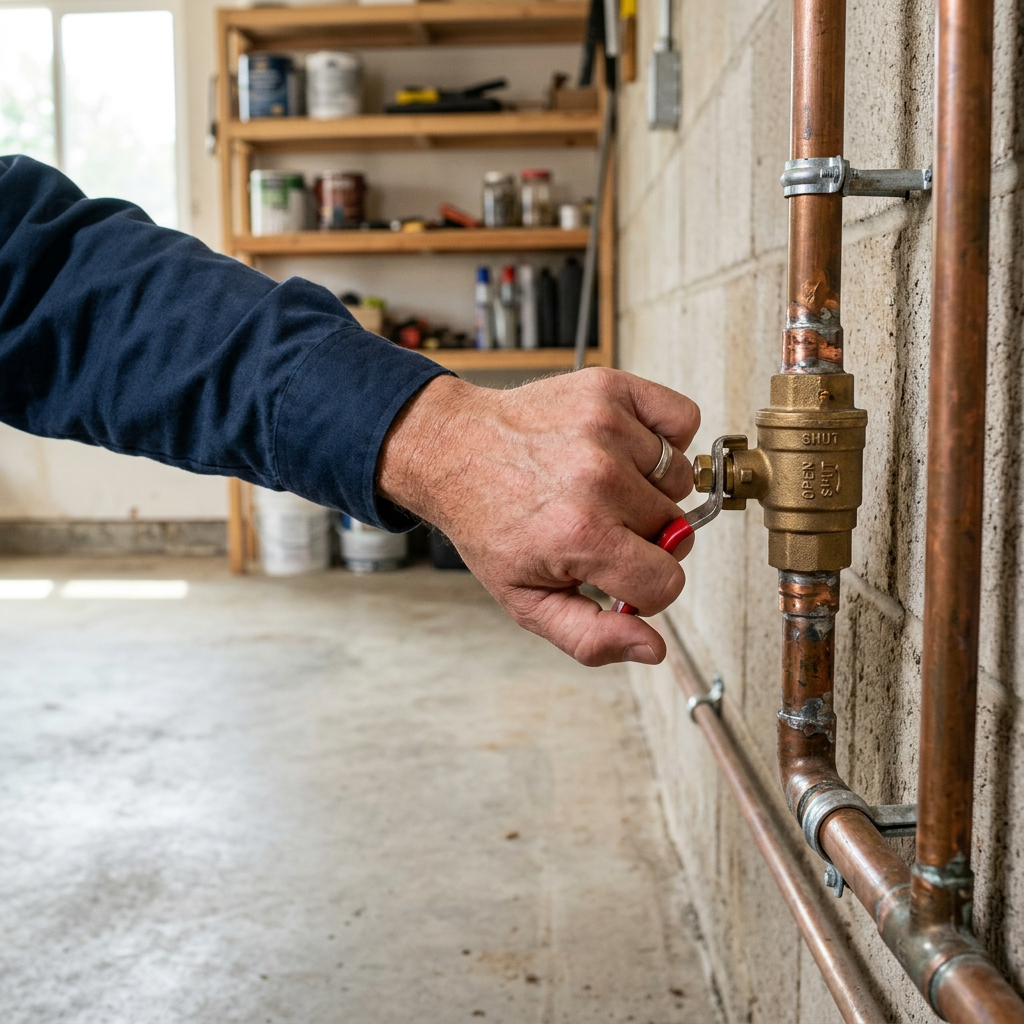 Hand turning a brass ball valve shut-off on a copper water pipe in a residential garage