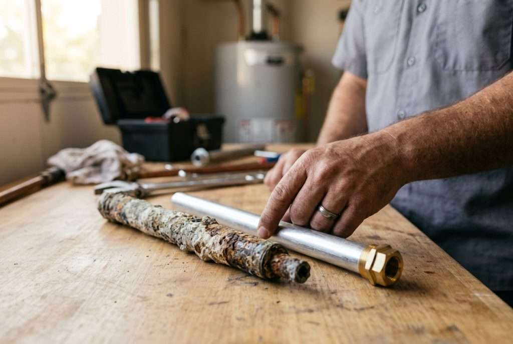 Corroded water heater anode rod next to a new replacement rod on a workbench