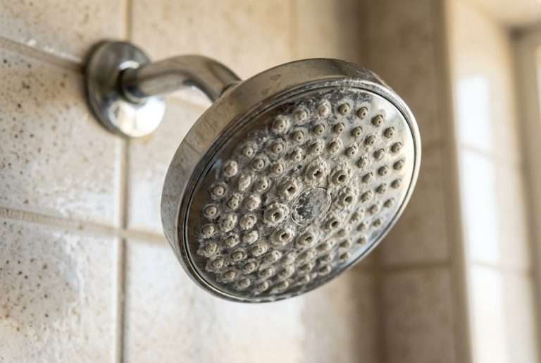 Chrome shower head with mineral buildup on bathroom wall