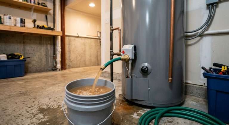 Water heater being drained into a bucket through a garden hose in a residential utility room