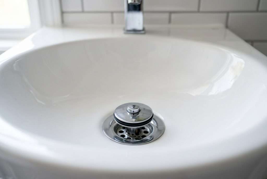 Bathroom sink drain close-up — common source of drain smell in homes
