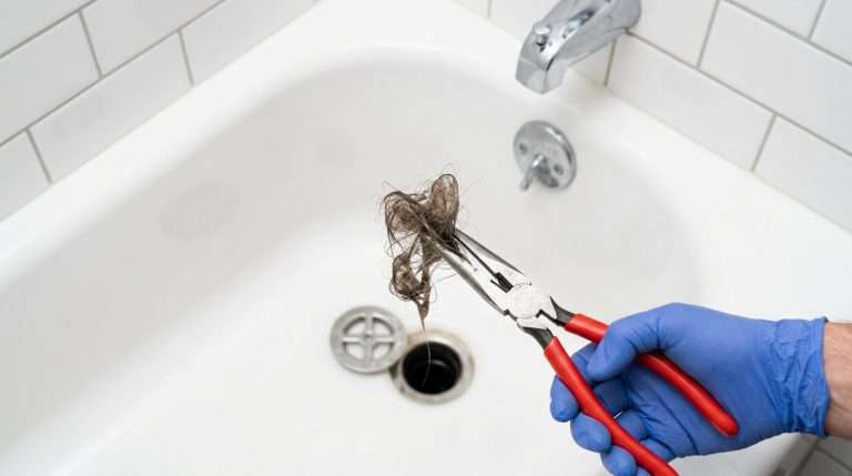 Clogged bathtub drain with hair being removed using pliers