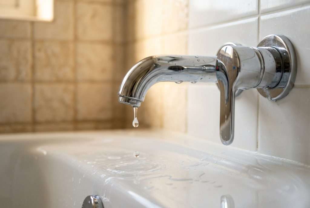 Bathtub faucet dripping water into white porcelain tub