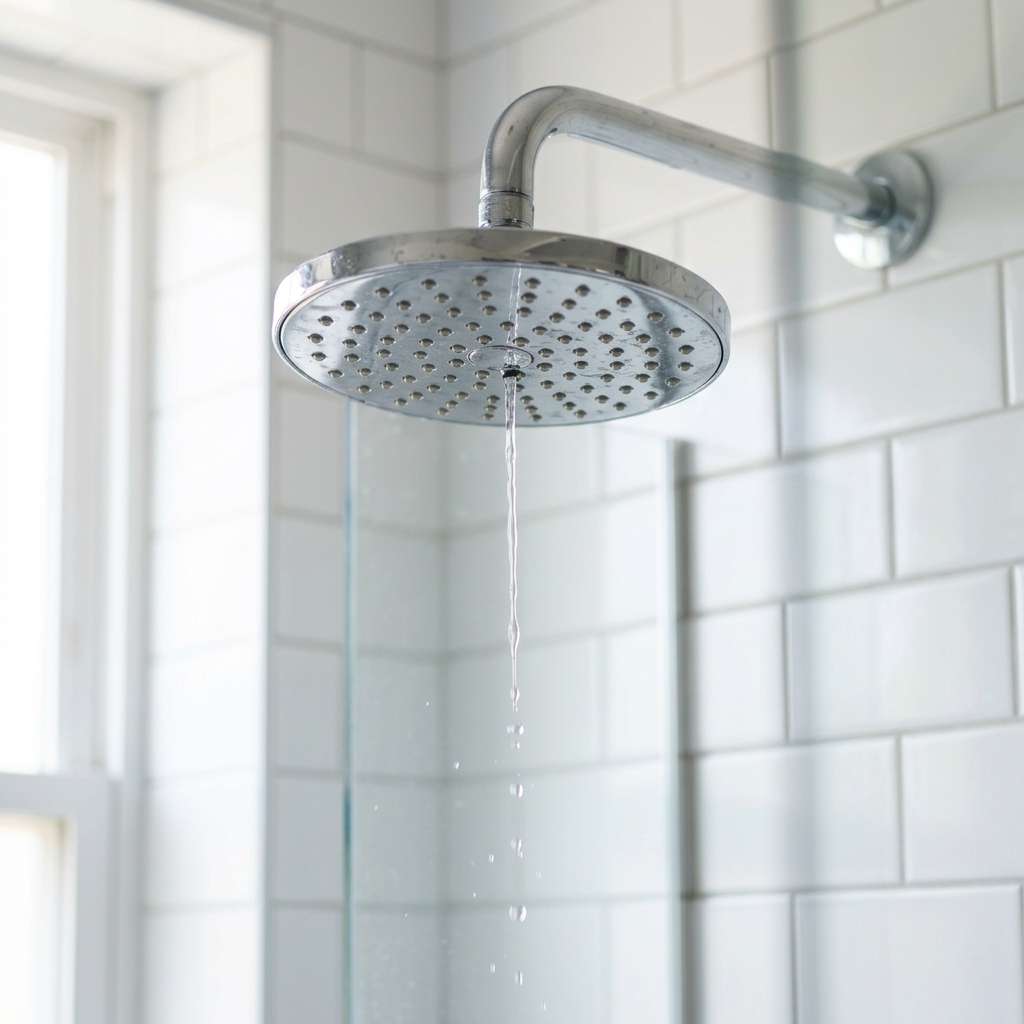 Chrome shower head with low water pressure in a modern bathroom