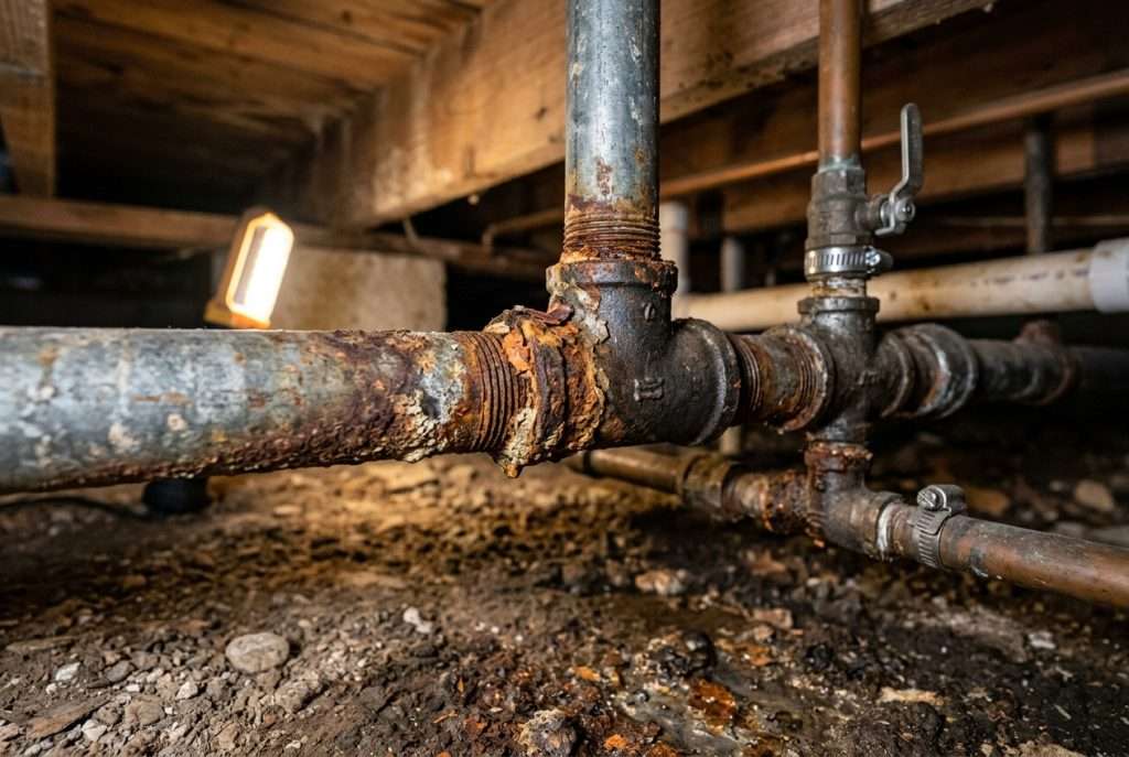 Corroded galvanized steel water pipes with rust and mineral buildup at threaded joints in a residential crawlspace