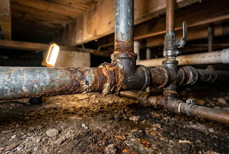 Corroded galvanized steel water pipes with rust and mineral buildup at threaded joints in a residential crawlspace