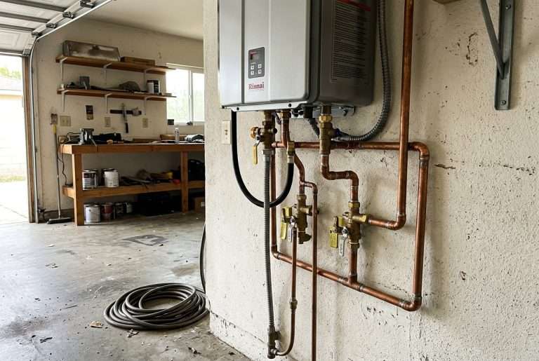Wall-mounted tankless water heater with copper lines in a garage