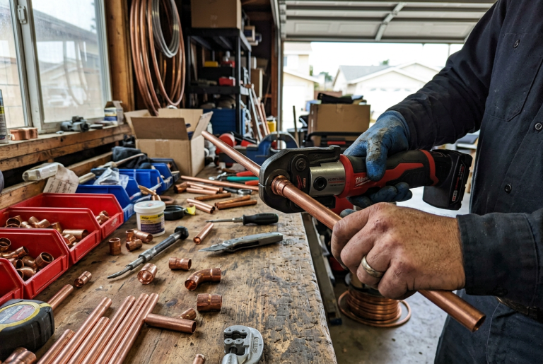 Press tool joining copper pipe fittings on a job site