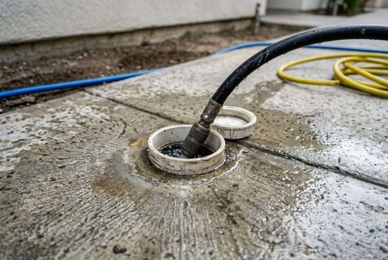 Hydro jetting hose inserted into a ground-level sewer cleanout at a multi-unit property