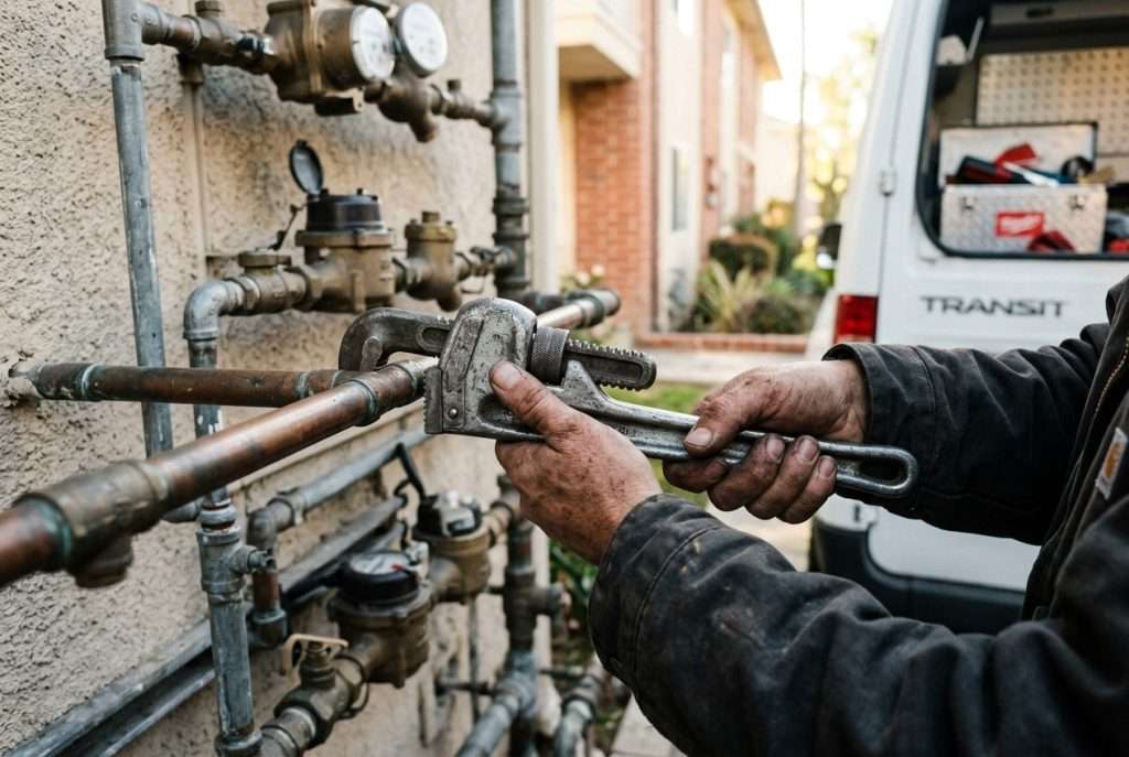 Plumber hands tightening piping at a multi-unit building water service