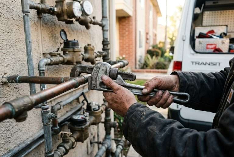 Plumber hands tightening piping at a multi-unit building water service