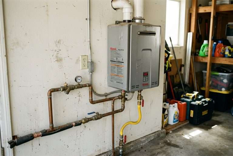 Wall-mounted tankless water heater with gas and water connections in a residential garage