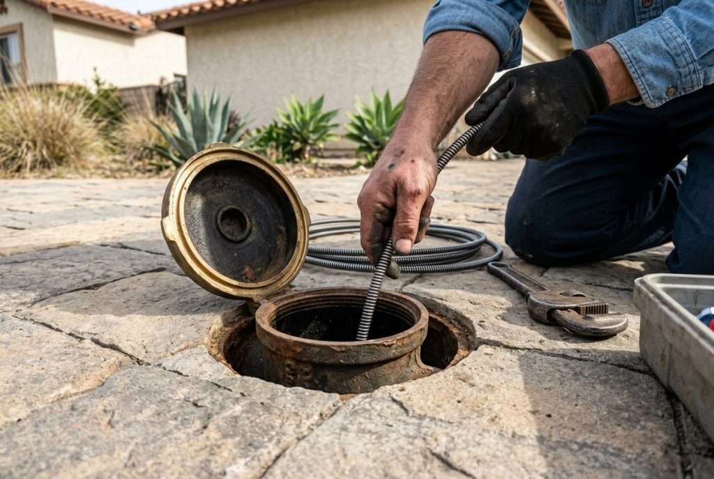 Hands feeding a drain cable into an exterior ground-level sewer cleanout