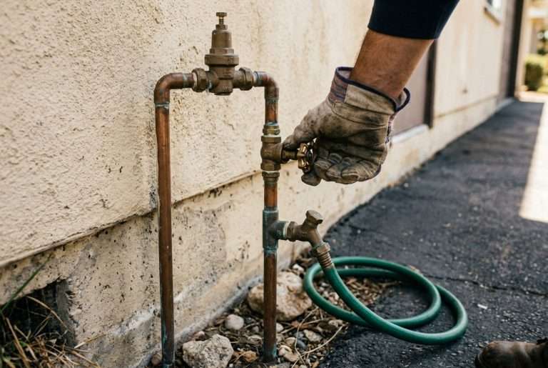 Plumber shutting off residential main water valve during emergency