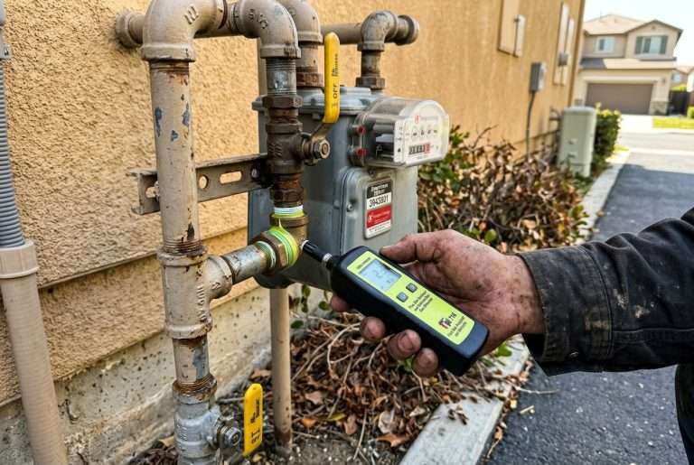 Plumber checking a gas meter and fitting with a gas leak detector
