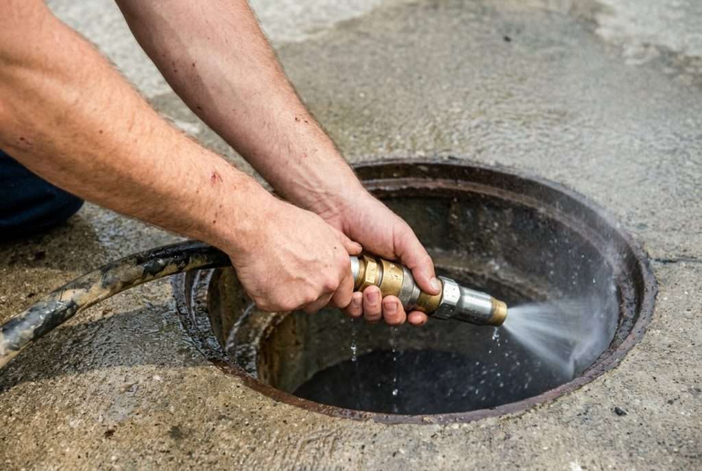 Hydro jetting hose clearing a residential sewer line