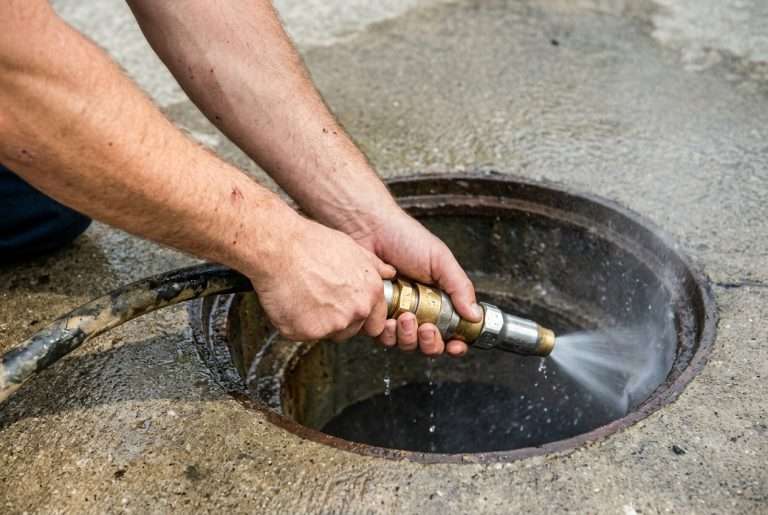 Hydro jetting hose clearing a residential sewer line