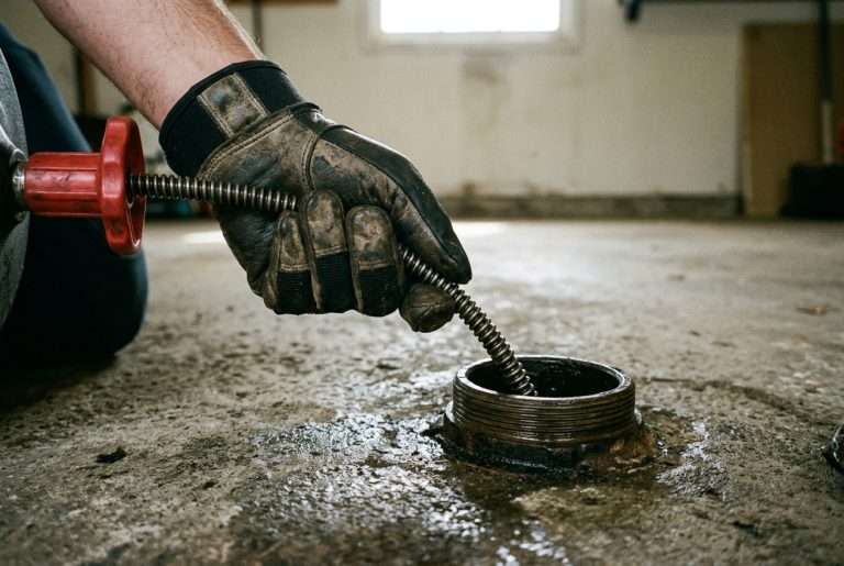 Drain cleaning cable being fed into a floor cleanout pipe
