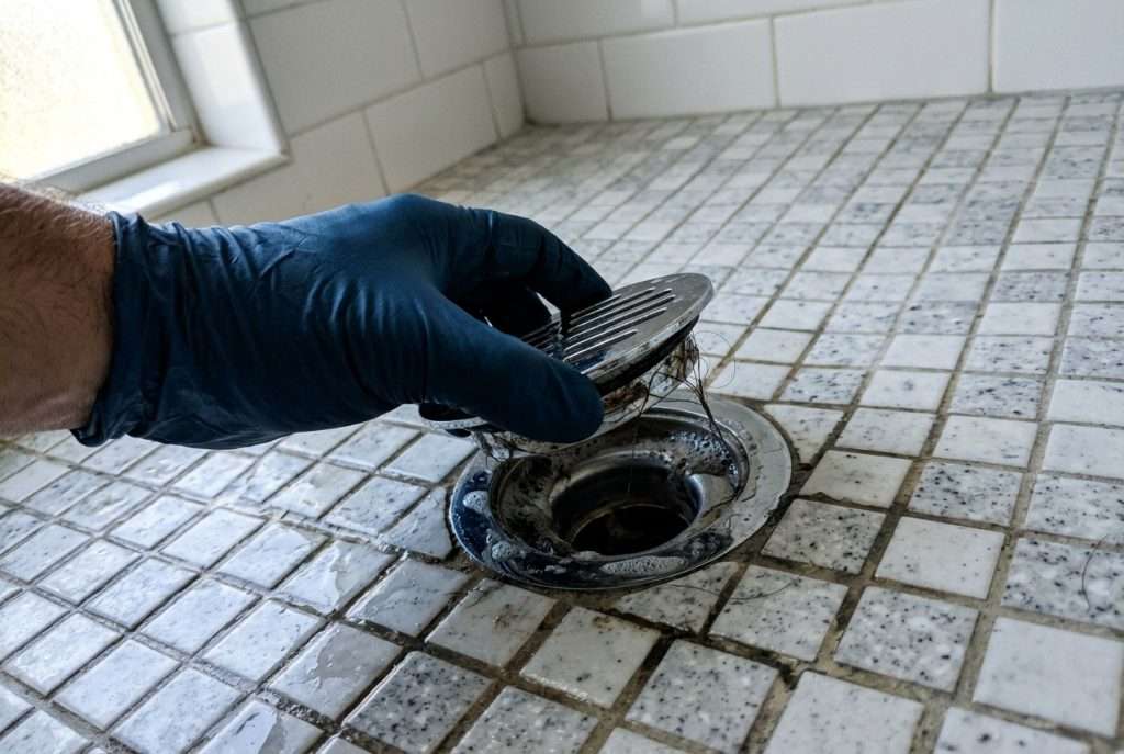 Plumber removing a shower drain cover to check for buildup causing odor