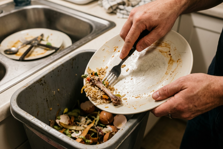 Scraping food scraps into the trash before washing dishes to prevent kitchen drain clogs