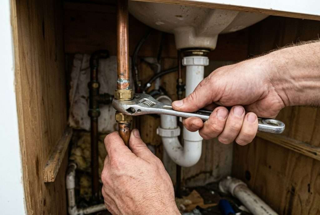 Plumber using a wrench to repair a copper pipe fitting under a bathroom sink