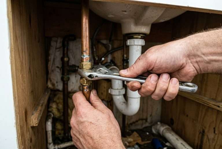 Plumber using a wrench to repair a copper pipe fitting under a bathroom sink