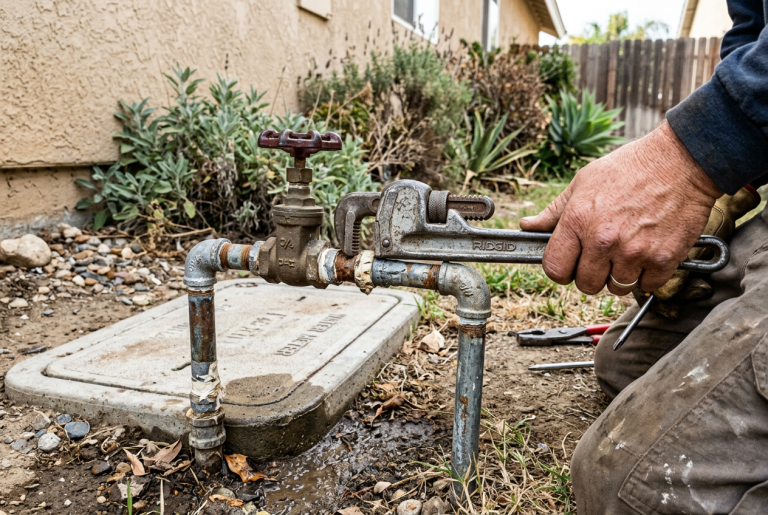 Plumber using a pipe wrench near a residential water shutoff valve and meter box