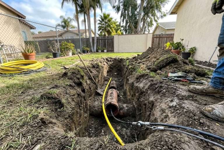 Open excavation pit with sewer pipe and trenchless repair equipment in a residential yard