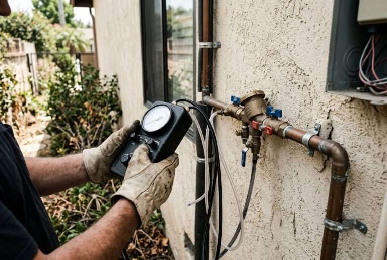 Plumber testing a backflow prevention device on an exterior residential pipe