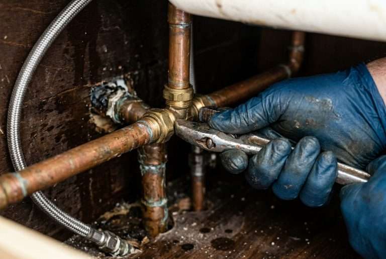Plumber's gloved hands tightening a copper pipe fitting under a sink