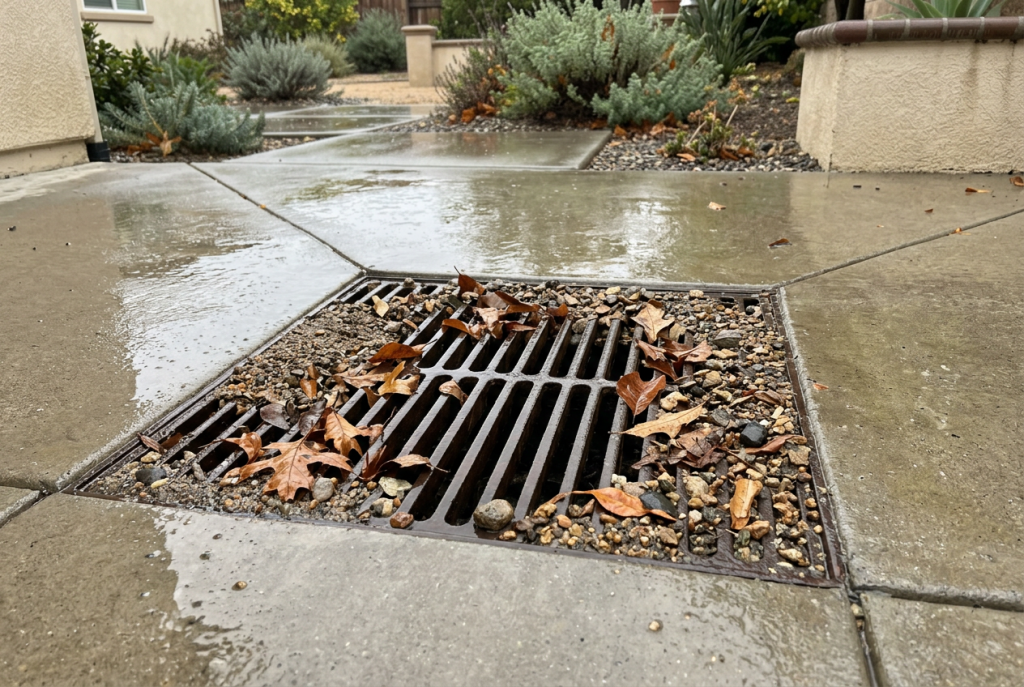 Outdoor area drain grate during light rain with leaves nearby
