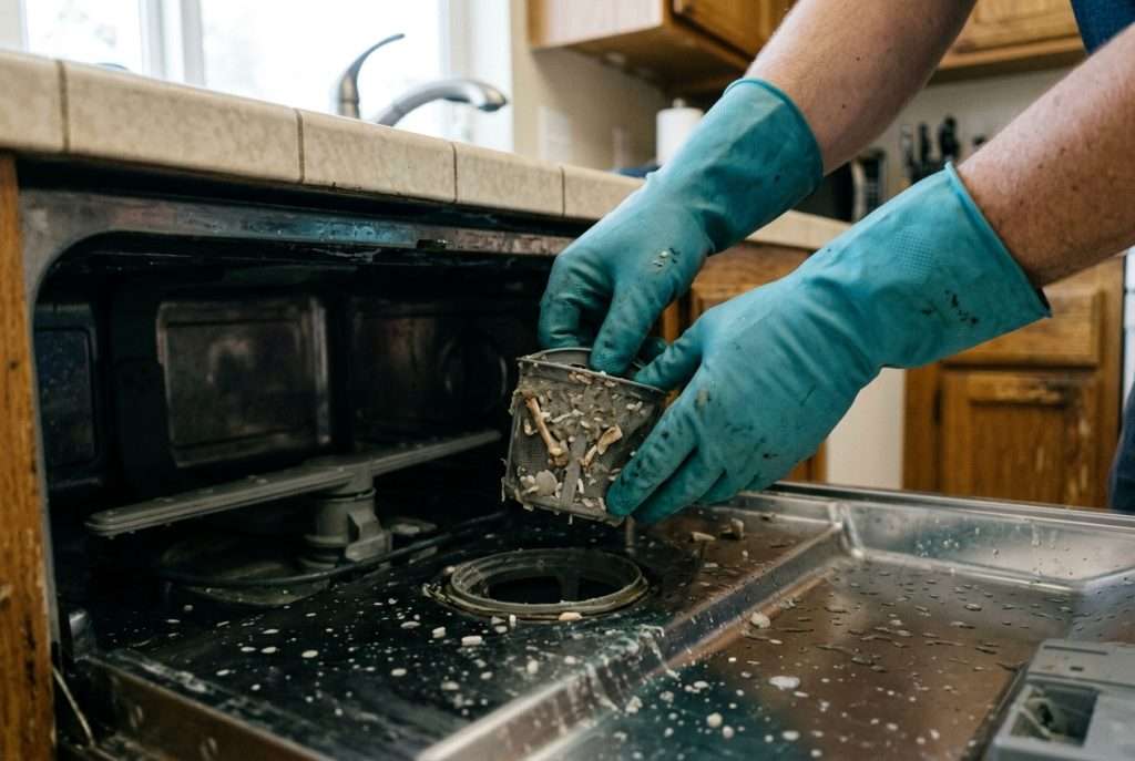 Removing and cleaning a dishwasher filter to eliminate odors