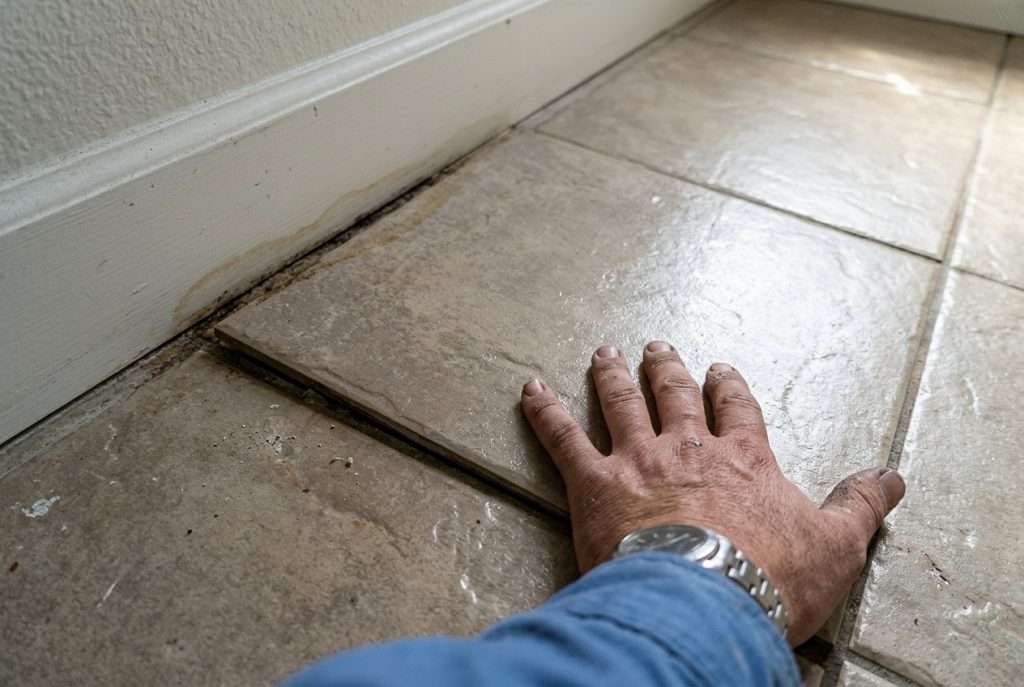 Buckled floor tile with water staining, a common sign of a slab leak