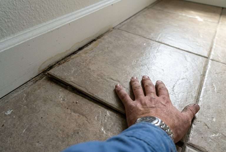Buckled floor tile with water staining, a common sign of a slab leak