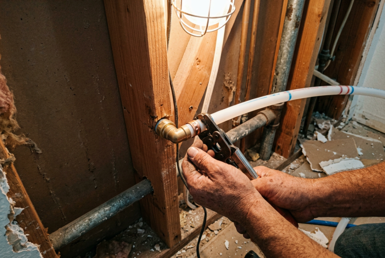 Plumber connecting PEX tubing to copper pipe fitting during a home repipe