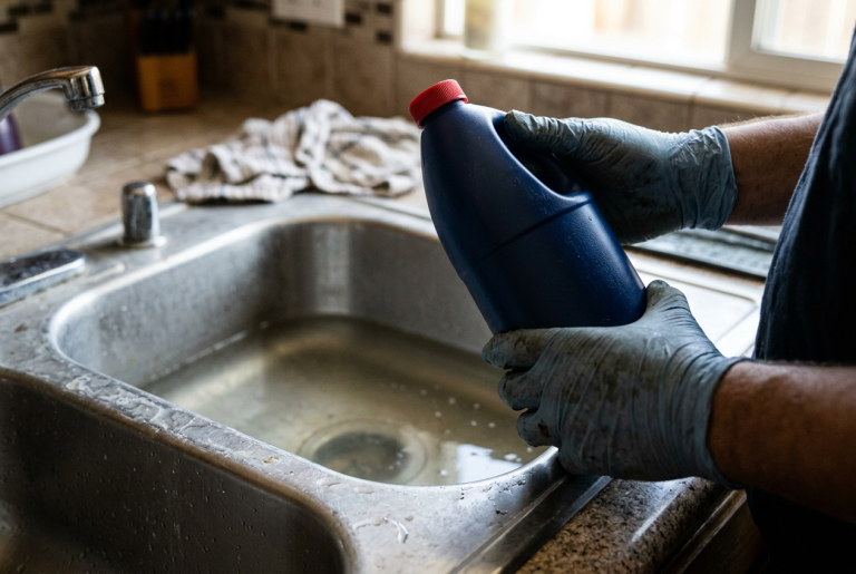Gloved hands pouring liquid drain cleaner into a kitchen sink