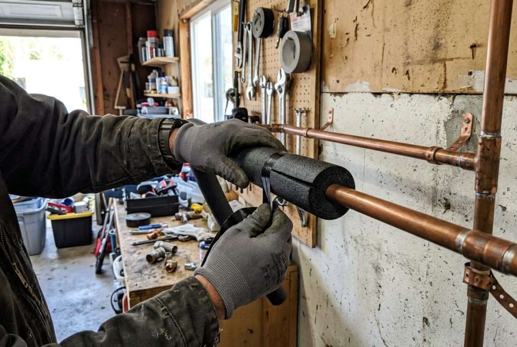 Wrapping foam insulation around an exposed pipe to prevent winter freezing