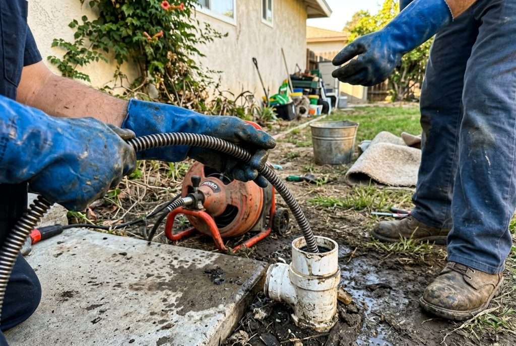Plumber clearing a residential sewer line cleanout with a drain snake