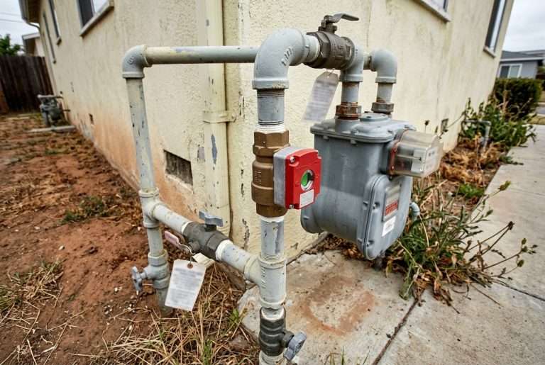 Automatic earthquake gas shutoff valve installed on a residential gas meter
