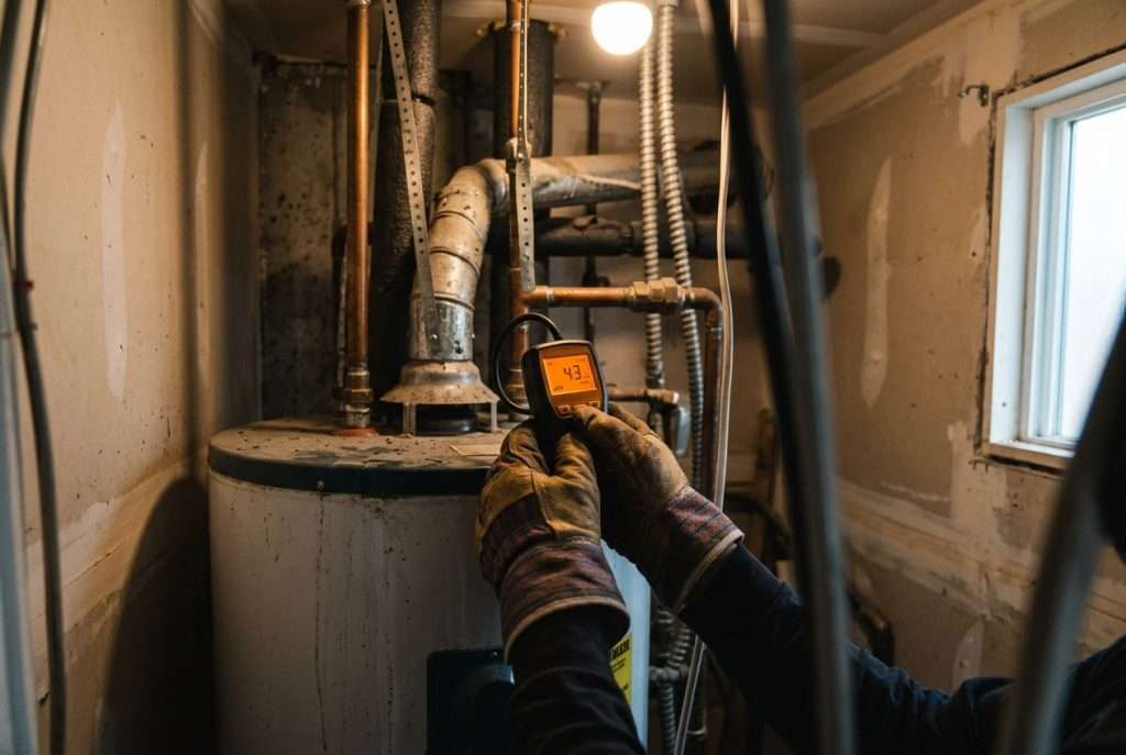 Plumber using a handheld gas leak detector near a residential gas line
