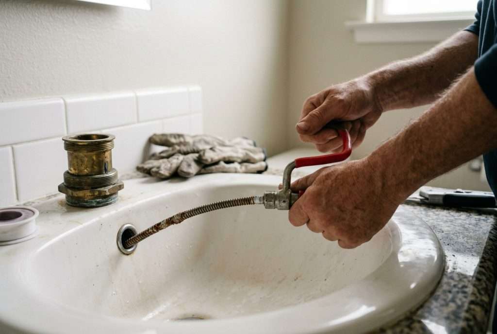 Plumber using a hand-crank drain snake auger in a bathroom sink drain