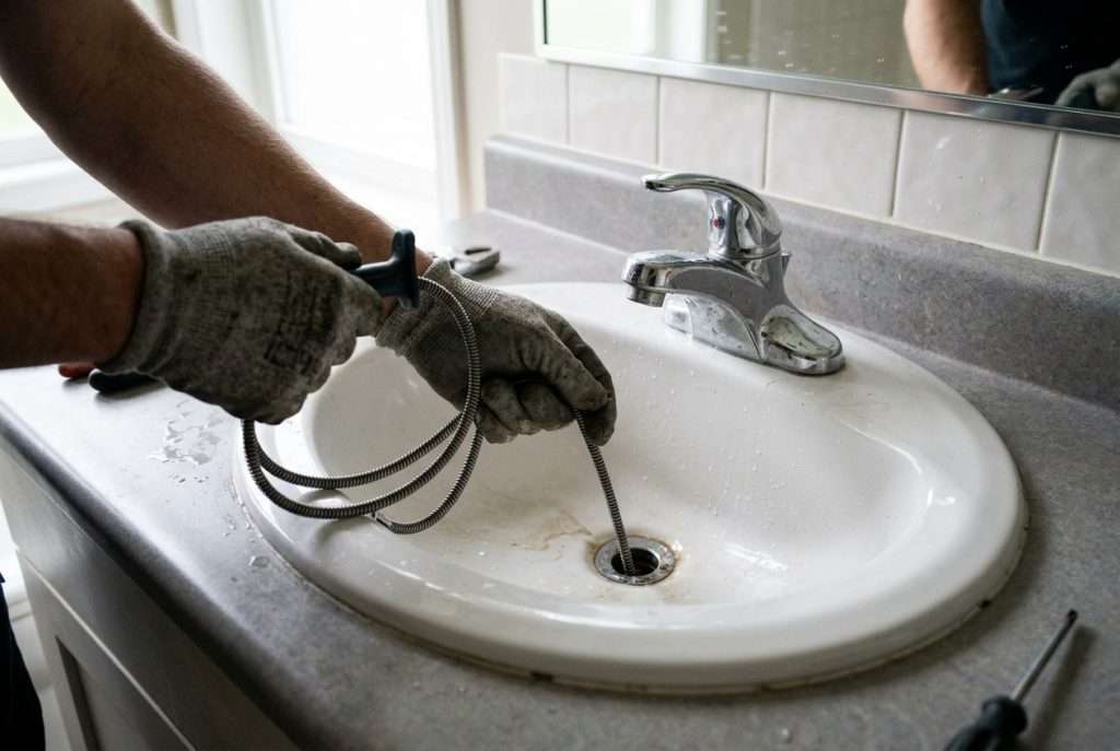 Plumber using a drain snake to clear a clogged bathroom sink drain